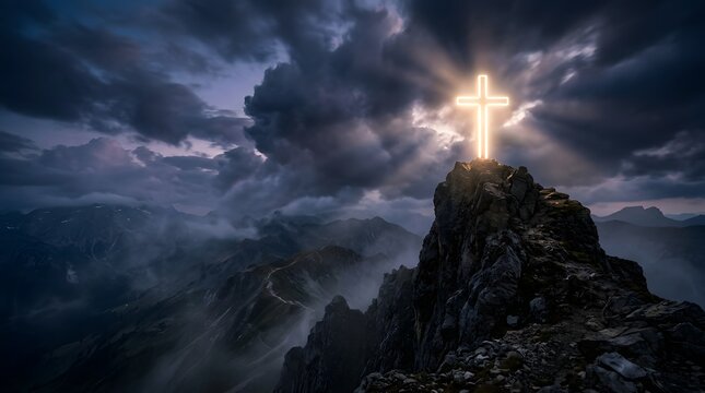 Glowing cross on top of a mountain peak under a dramatic cloudy sky with mountain