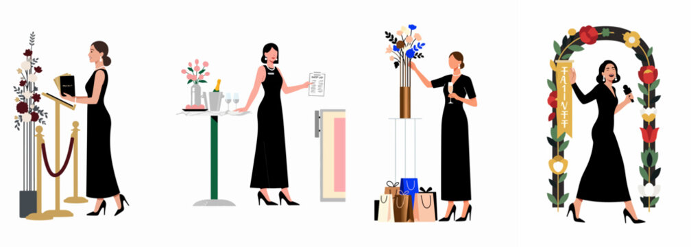 Collection of flat illustrations showing elegant women in black evening gowns at formal events like weddings, galas, and cocktail parties.