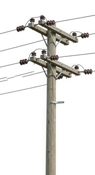 Wooden utility pole with electrical wires isolated on white background