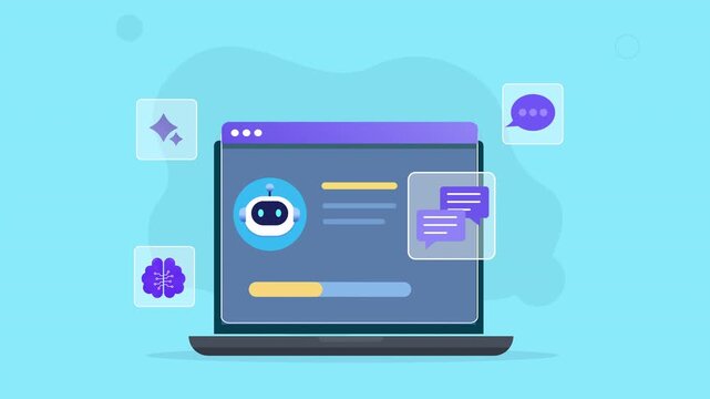 Modern flat vector animation of a laptop dashboard featuring an AI assistant, chat messages, digital icons, and an artificial intelligence interface for technology concepts.