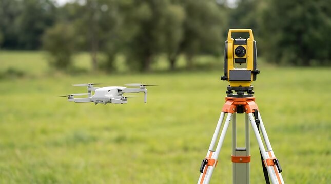 A small white drone hovering in the air near a yellow surveying total station on a wooden tripod in a large green field with blurred trees