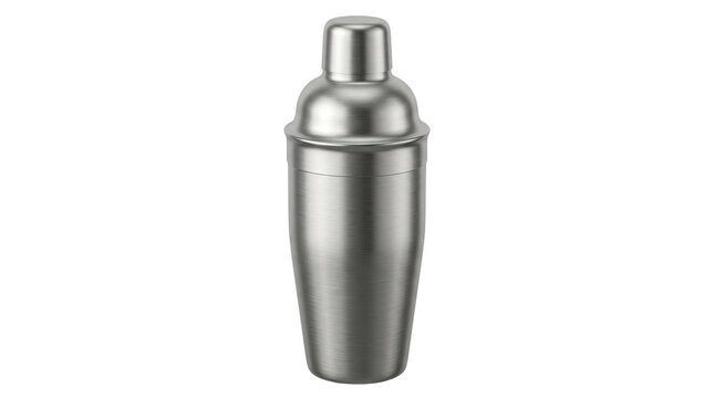 Stainless steel cocktail shaker on white background. Professional silver metal bar tool for mixing drinks. Sleek metallic bartender equipment.