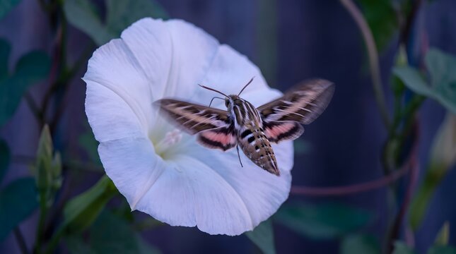 Hummingbird Hawkmoth Feeding on White Morning Glory Flower in Garden