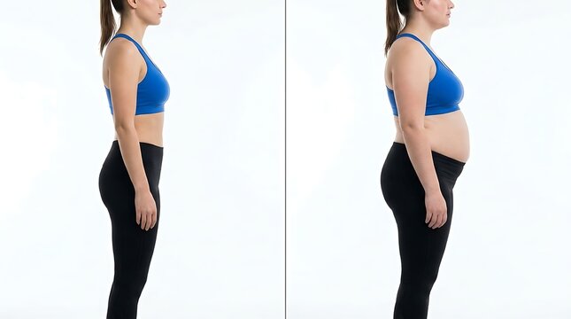 A side view comparison of a woman in a blue sports bra and black leggings showing weight gain and body transformation on a white background