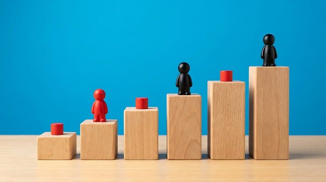 A set of wooden blocks arranged in a rising staircase pattern with red and black human figurines placed on against a bright blue wall