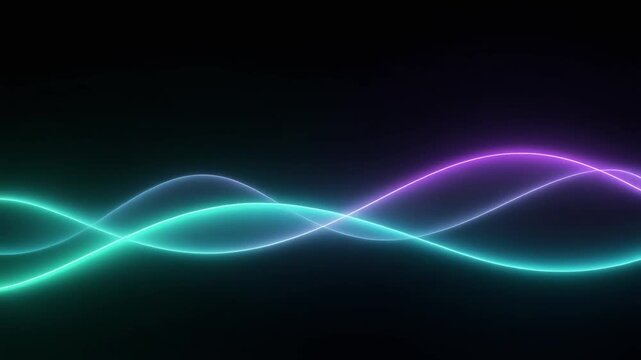 Luminous teal-green and violet bands drift and undulate through darkness, creating soft wave-like motion with ethereal cosmic glow and generous negative space for text.