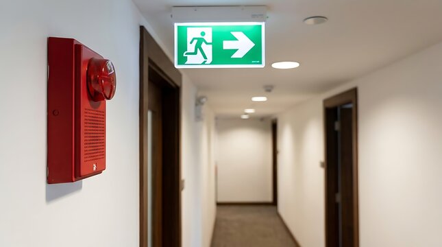 A red fire alarm strobe light mounted on a white wall in a long office corridor with a green illuminated emergency exit sign hanging above it