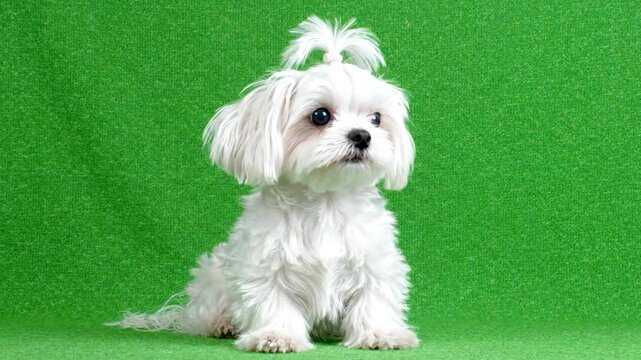 Cute White Maltese Dog Sitting on Green Grass. 4K Video