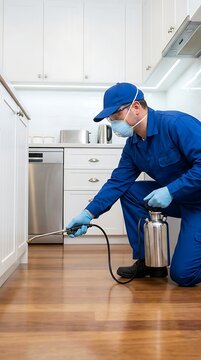 A pest control technician wearing a blue uniform, cap, and face mask kneeling on a wooden floor while spraying insecticide under a kitchen cabinet