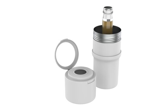Modern stainless steel double wall vacuum insulated beverage cooler cup designed to hold standard cans and bottles, isolated on white background. 3D illustration