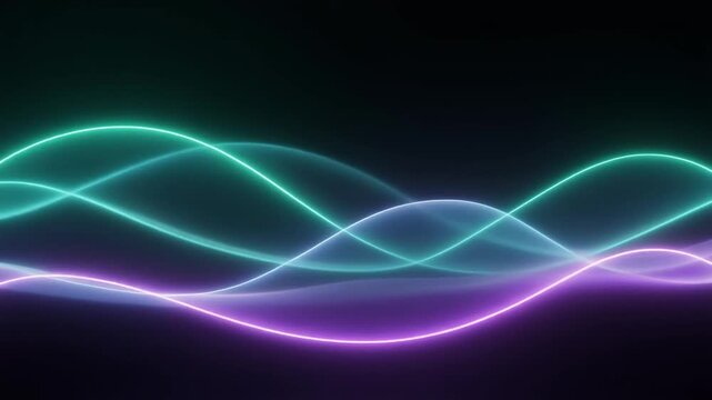 Luminous teal-green and violet bands drift and undulate through darkness, creating soft wave-like motion with ethereal cosmic glow and generous negative space for text.