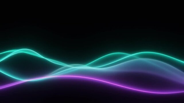 Luminous teal-green and violet bands drift and undulate through darkness, creating soft wave-like motion with ethereal cosmic glow and generous negative space for text.