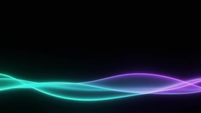 Luminous teal-green and violet bands drift and undulate through darkness, creating soft wave-like motion with ethereal cosmic glow and generous negative space for text.