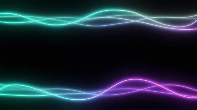 Luminous teal-green and violet bands drift and undulate through darkness, creating soft wave-like motion with ethereal cosmic glow and generous negative space for text.