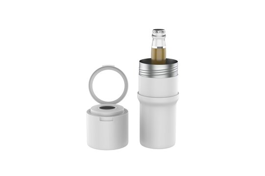 Modern stainless steel double wall vacuum insulated beverage cooler cup designed to hold standard cans and bottles, isolated on white background. 3D illustration