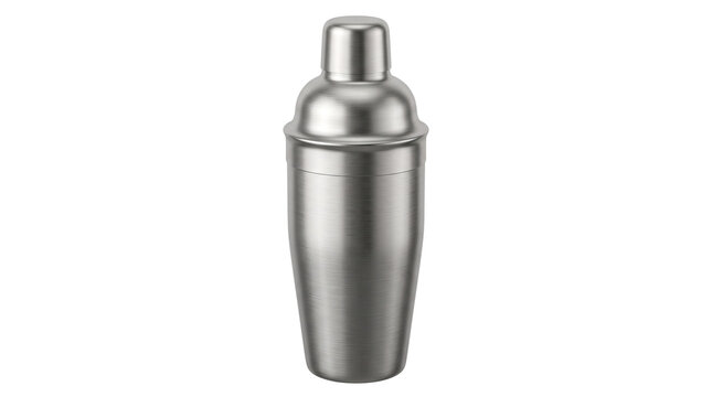 Stainless steel cocktail shaker on white background, professional silver metal bar tool, classic martini mixer for bartending