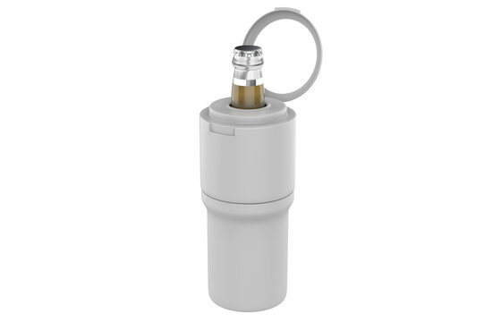 Modern stainless steel double wall vacuum insulated beverage cooler cup designed to hold standard cans and bottles, isolated on white background. 3D illustration