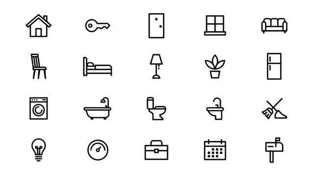 Set of minimalist line icons representing various household and utility items