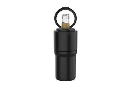 Modern stainless steel double wall vacuum insulated beverage cooler cup designed to hold standard cans and bottles, isolated on white background. 3D illustration