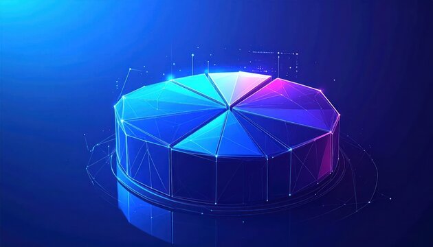 Modern abstract 3D render depicting a glowing polygonal segmented pie chart with vibrant blue and purple facets for data analysis and digital technology.