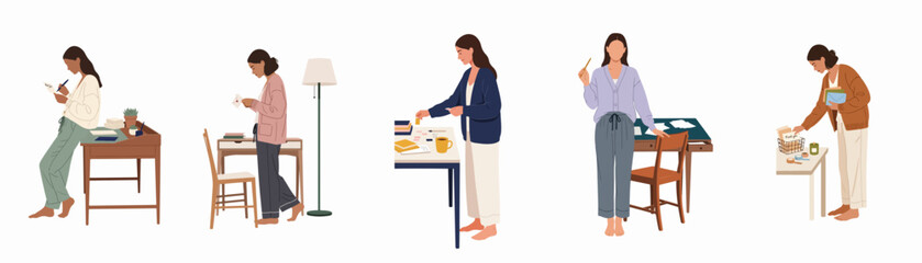 Fototapeta premium Flat Illustration Set of Young Women Performing Various Daily Activities, Work, and Creative Hobbies in a Minimalist Style