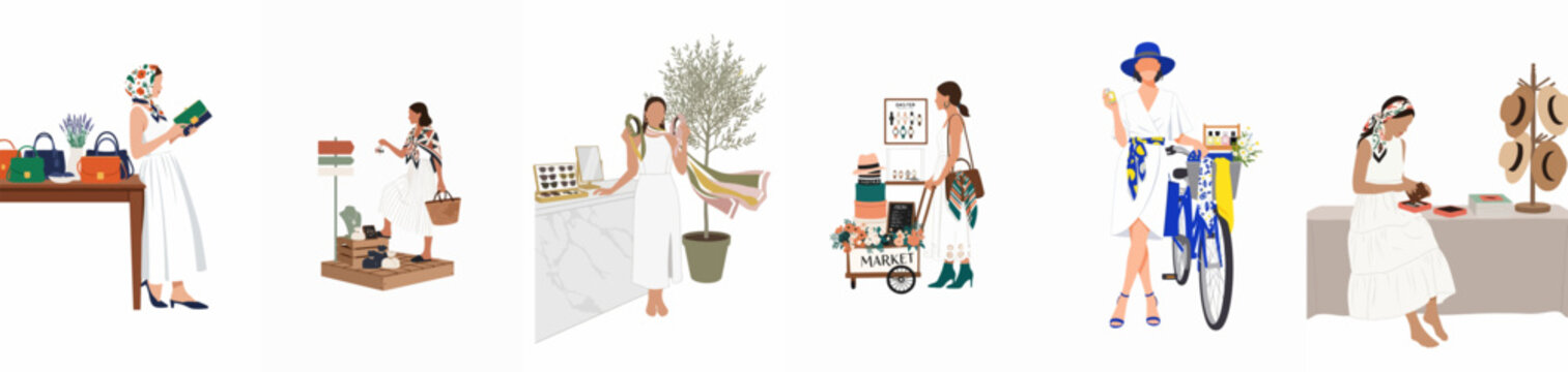 Collage of stylish women in summer activities including shopping, riding a bicycle, and browsing boutiques in a minimalist flat illustration style.