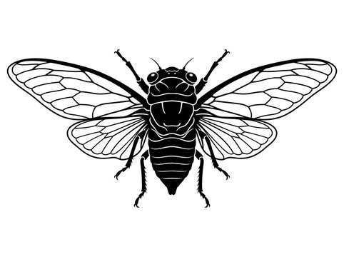Detailed Black and White Vector Illustration of a Cicada Insect with Spreading Wings