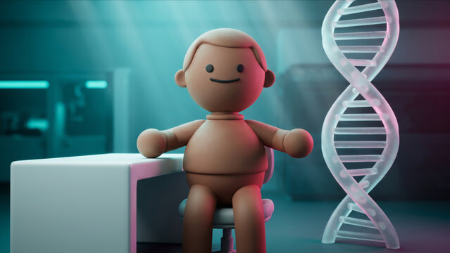 次世代ラボのDNAモデルの前で自信を持って微笑み座るクレイ調マスコットの3D画像