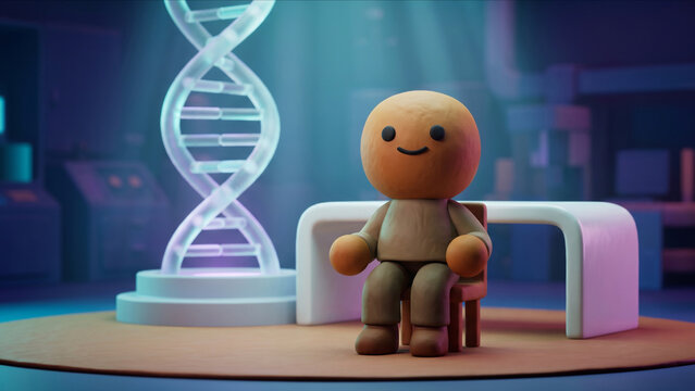 次世代ラボのDNAモデルの前で自信を持って微笑み座るクレイ調マスコットの3D画像