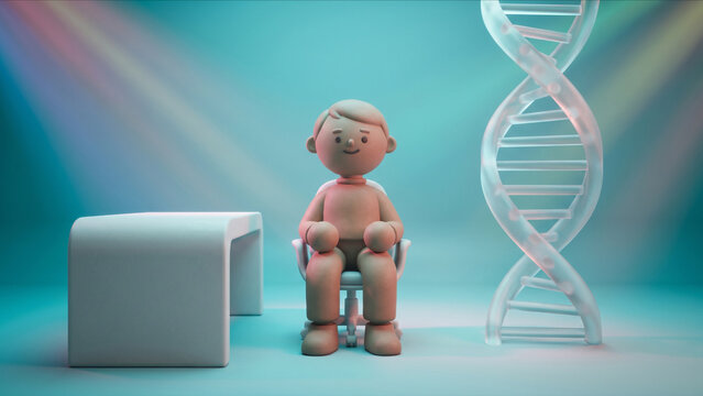 次世代ラボのDNAモデルの前で自信を持って微笑み座るクレイ調マスコットの3D画像