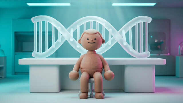 次世代ラボのDNAモデルの前で自信を持って微笑み座るクレイ調マスコットの3D画像
