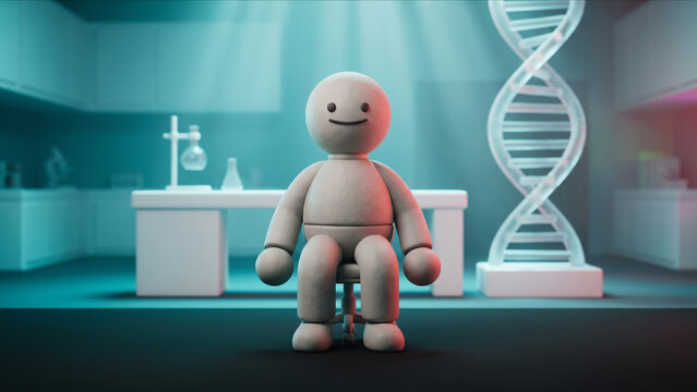 次世代ラボのDNAモデルの前で自信を持って微笑み座るクレイ調マスコットの3D画像