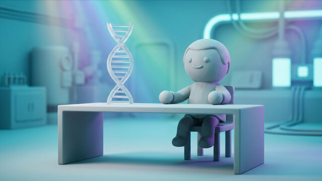 次世代ラボのDNAモデルの前で自信を持って微笑み座るクレイ調マスコットの3D画像