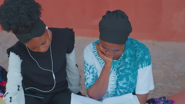 Caregiver comforts young one examining papers. Mother provides solace to child consulting exam notes. Maternal figure offers calming support while reviewing important study materials together