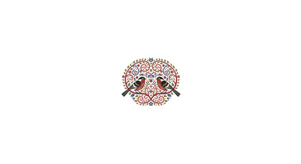 Fototapeta premium Beautiful folk art style illustration featuring two birds perched on ornate branches with floral patterns.