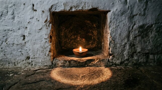 Single lit clay oil lamp in rustic wall niche on white background with tradition