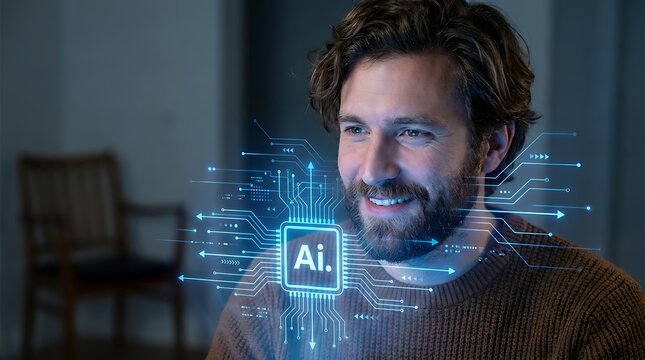 A man with a beard looks at a glowing blue artificial intelligence circuit board interface floating in front of his face in a dark room