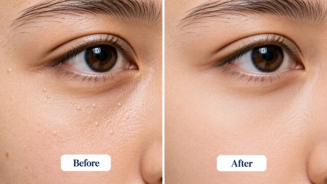Woman face skin milia treatment before after comparison view natural tones for cosmetic dermatology ad.