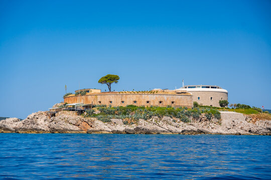 Historic Mamula Fortress on Lastavica Island in Montenegro in the Adriatic Sea. Coastal military architecture guarding the entrance to the Bay of Kotor.