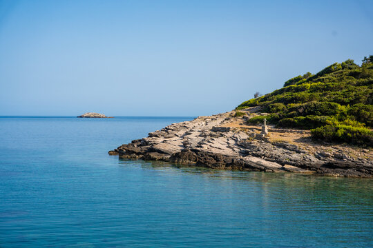 Soline Channel connecting Veliko Jezero in Mljet National Park with the Adriatic Sea on Mljet Island Croatia. Unique coastal landscape where saltwater lake meets the open sea.