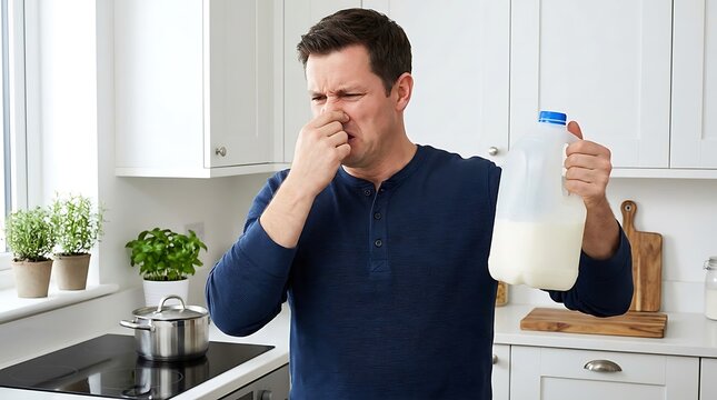A man in a blue long-sleeved shirt standing in a white kitchen holding a milk jug and covering his nose due to a bad smell from the milk
