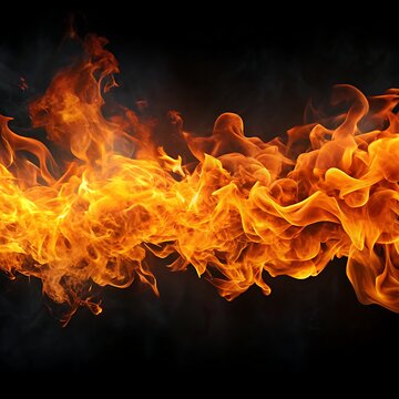 Bright orange fire flames and smoke swirling against a dark background burning blaze