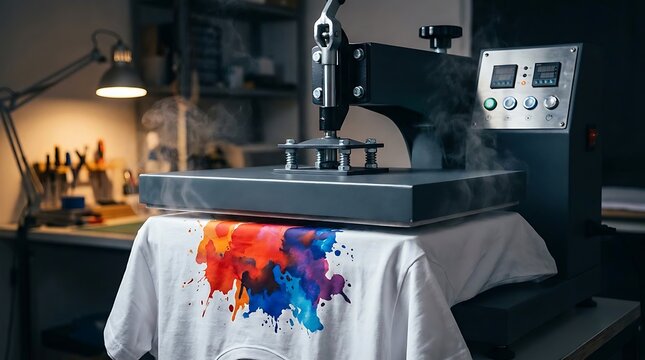 A heat press machine applying a colorful watercolor splash onto a white t-shirt in a workshop with tools and a lamp in the background