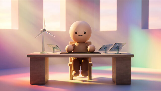 風力と太陽光エネルギーモデルのデスクで自信を持って座るクレイ調マスコットの3D画像