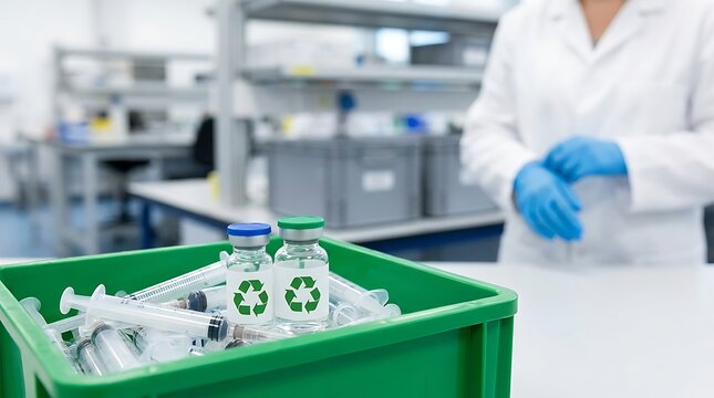 A green plastic crate containing glass medical vials with green recycling symbols and syringes in a laboratory setting with a scientist nearby