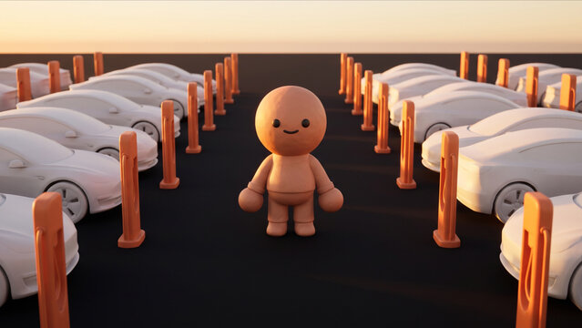 夕暮れの未来的なメガ駐車場に立つ充電スタンドと笑顔のクレイマスコット