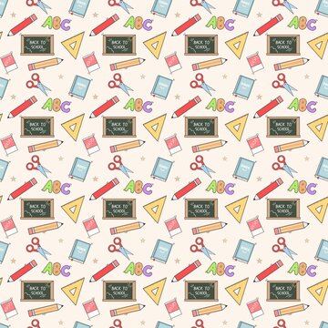 Back to school seamless pattern with blackboard ruler scissors and eraser doodle vector background