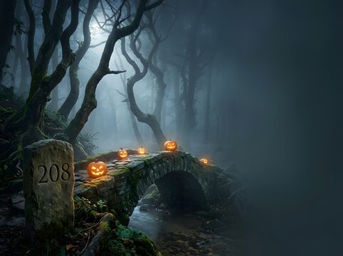 Spooky Halloween scene featuring glowing jack-o'-lanterns on a mossy stone bridge over a stream in a dark, misty forest with a carved tombstone numbered 208 and gnarled trees.