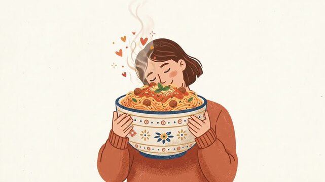 Young woman holding a steaming bowl of delicious pasta with meatballs