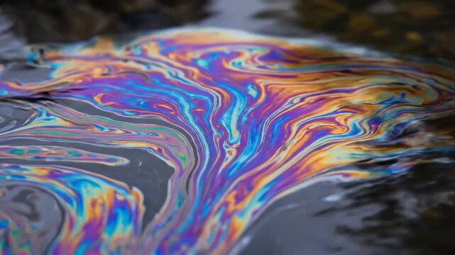 Vibrant oil slick swirling and floating on water surface in sunlight